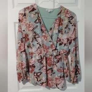 Elegant Floral Wrap Blouse - Soft Green and Pink